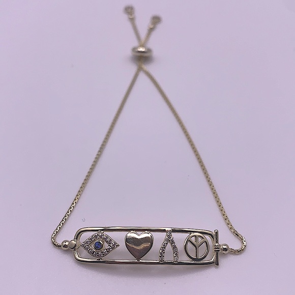 Gold Bracelet With Cartouche Bar Featuring Heart, Peace, Wishbone & Evil Eye - Picture 4 of 4